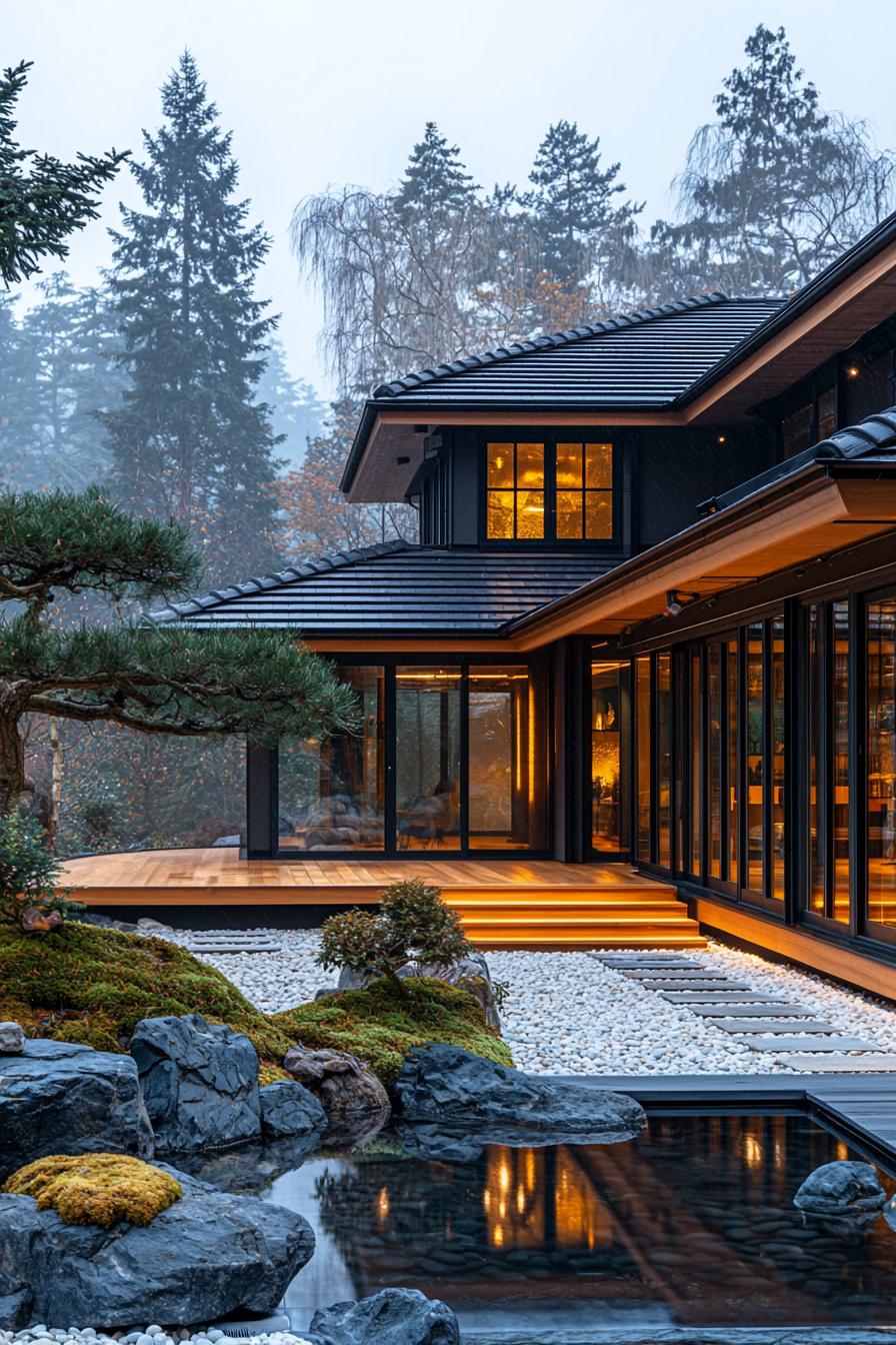 Japanese courtyard house with glowing windows, koi pond, and garden