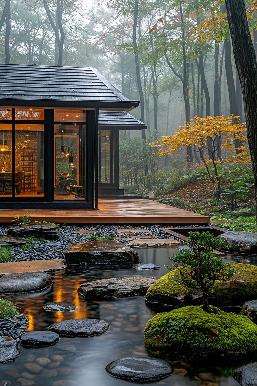 Tranquil Japanese courtyard with a stream and serene surroundings