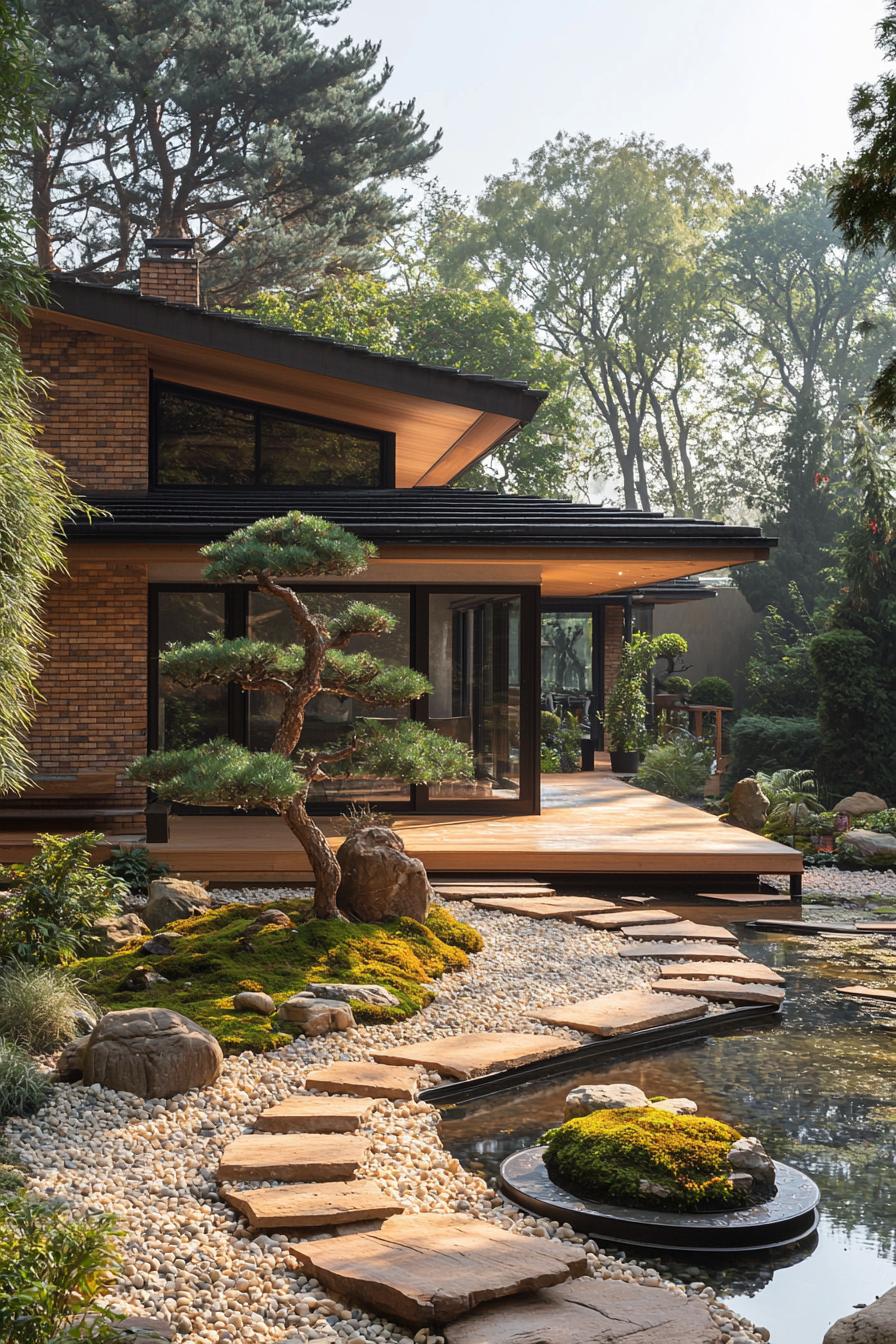 Japanese courtyard house with a pond and pathway