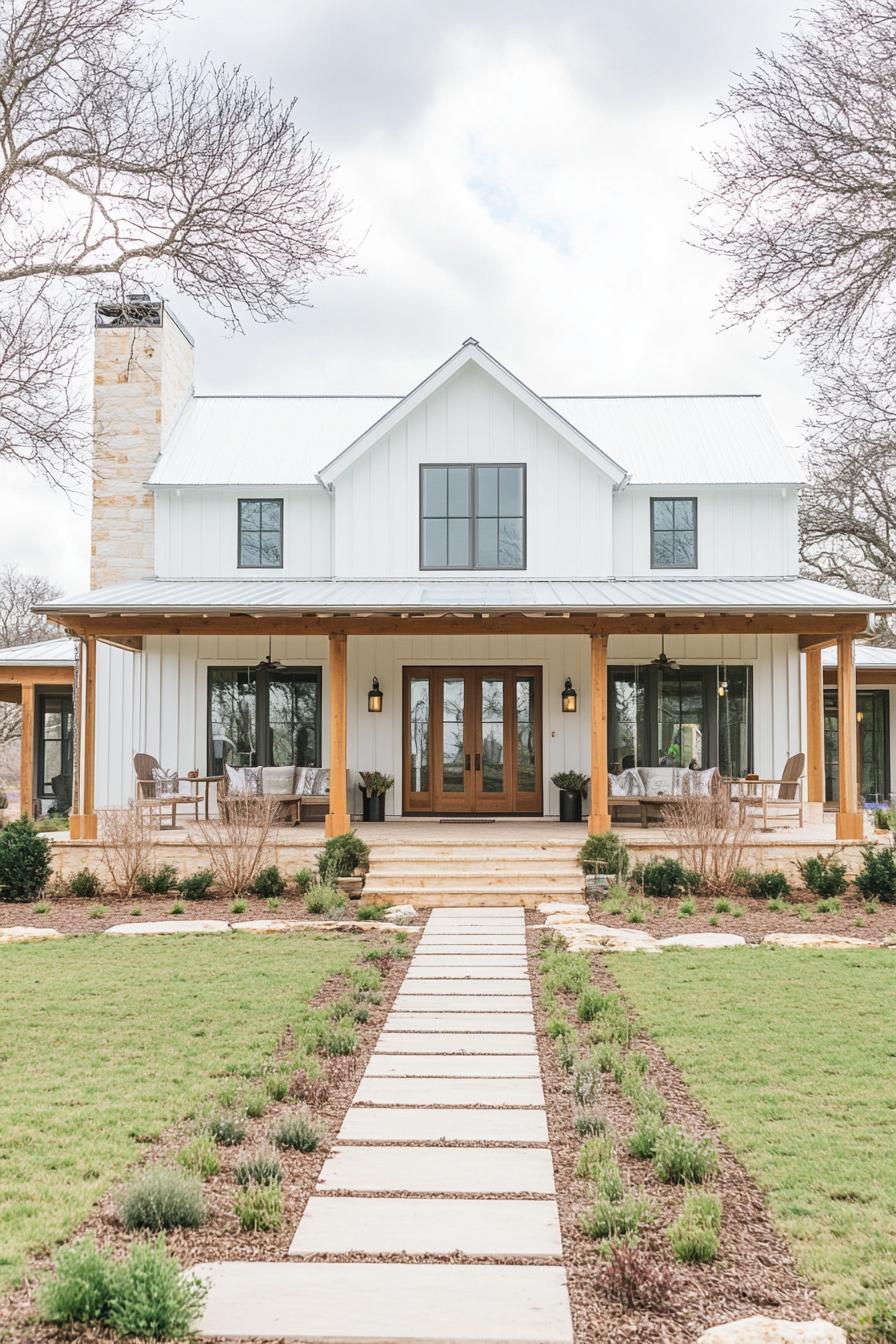 White metal home with a cozy porch