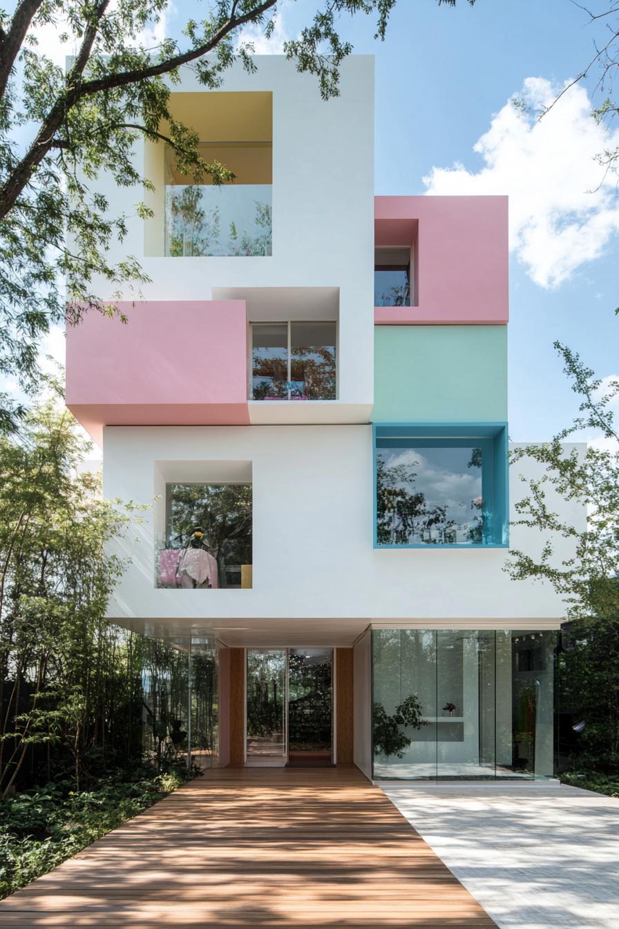 Colorful modern house with pastel blocks and large windows