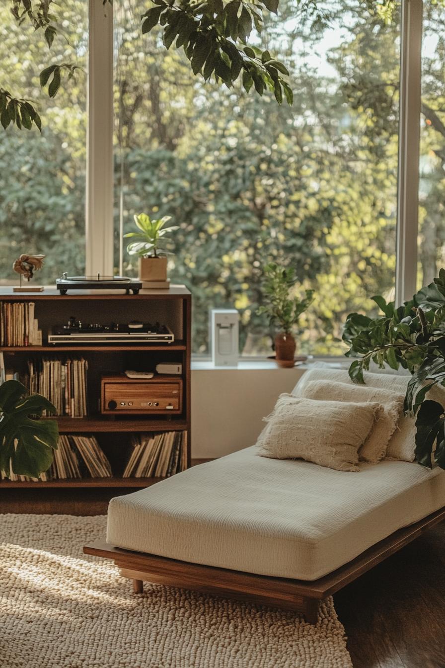 Sunlit room with a record player and stylish chaise lounge