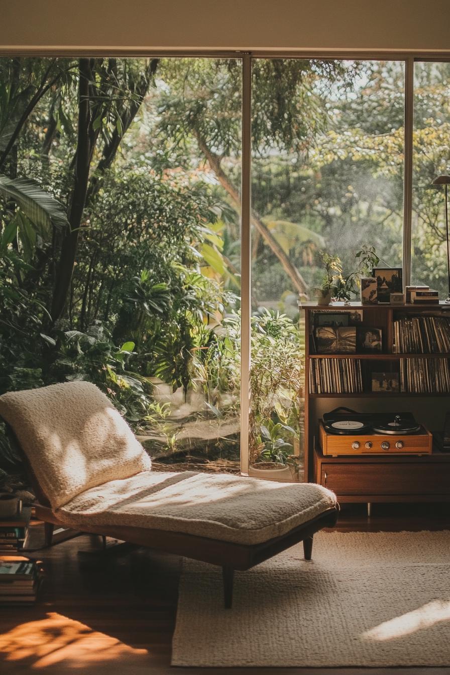 Mid-century living room with large windows and plants