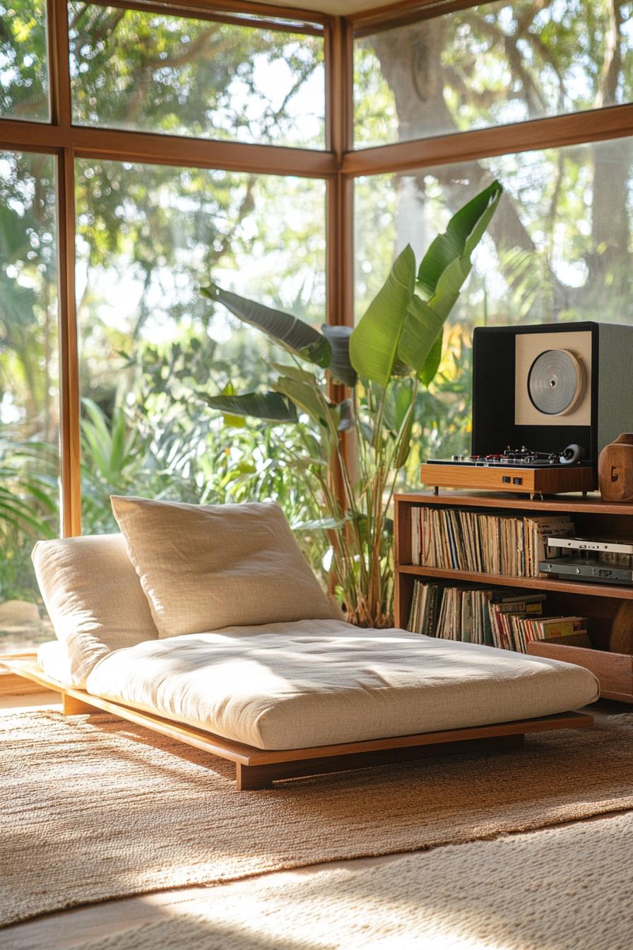 Mid-century room with record player and lounge chair