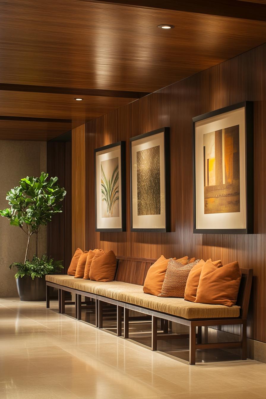 Lobby with wooden walls, artwork, and orange cushions on a bench