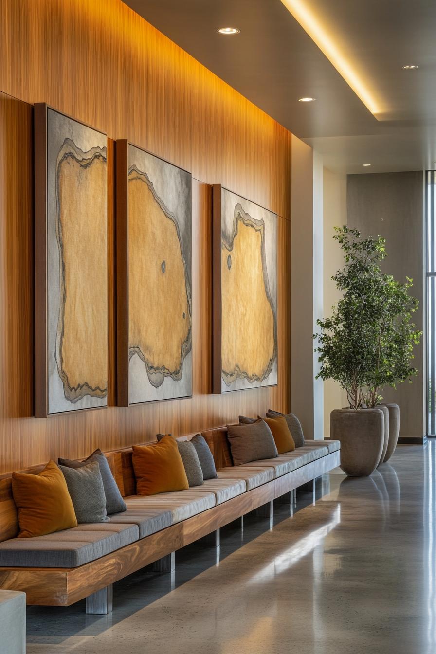 Modern lobby with abstract art and seating