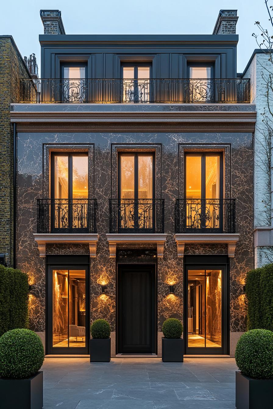 Two-story house with marble facade and glowing windows