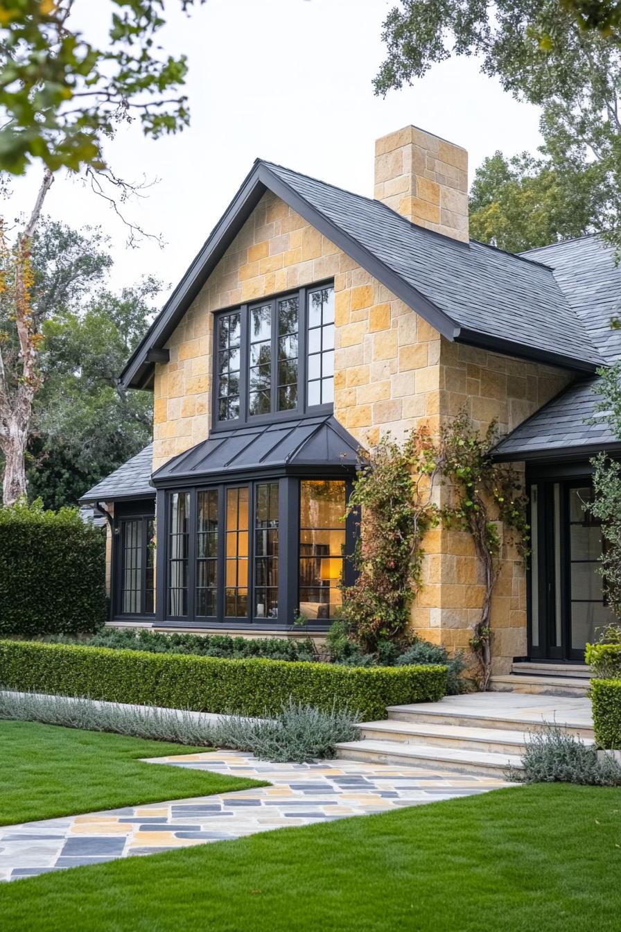 Stone house with large black-framed windows and lush greenery