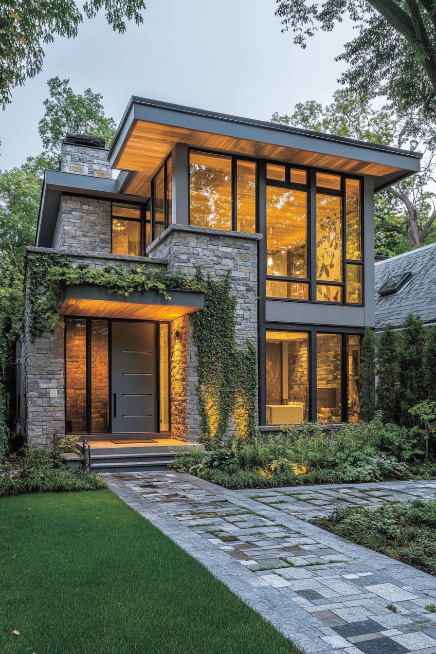 Contemporary stone house with large windows and greenery