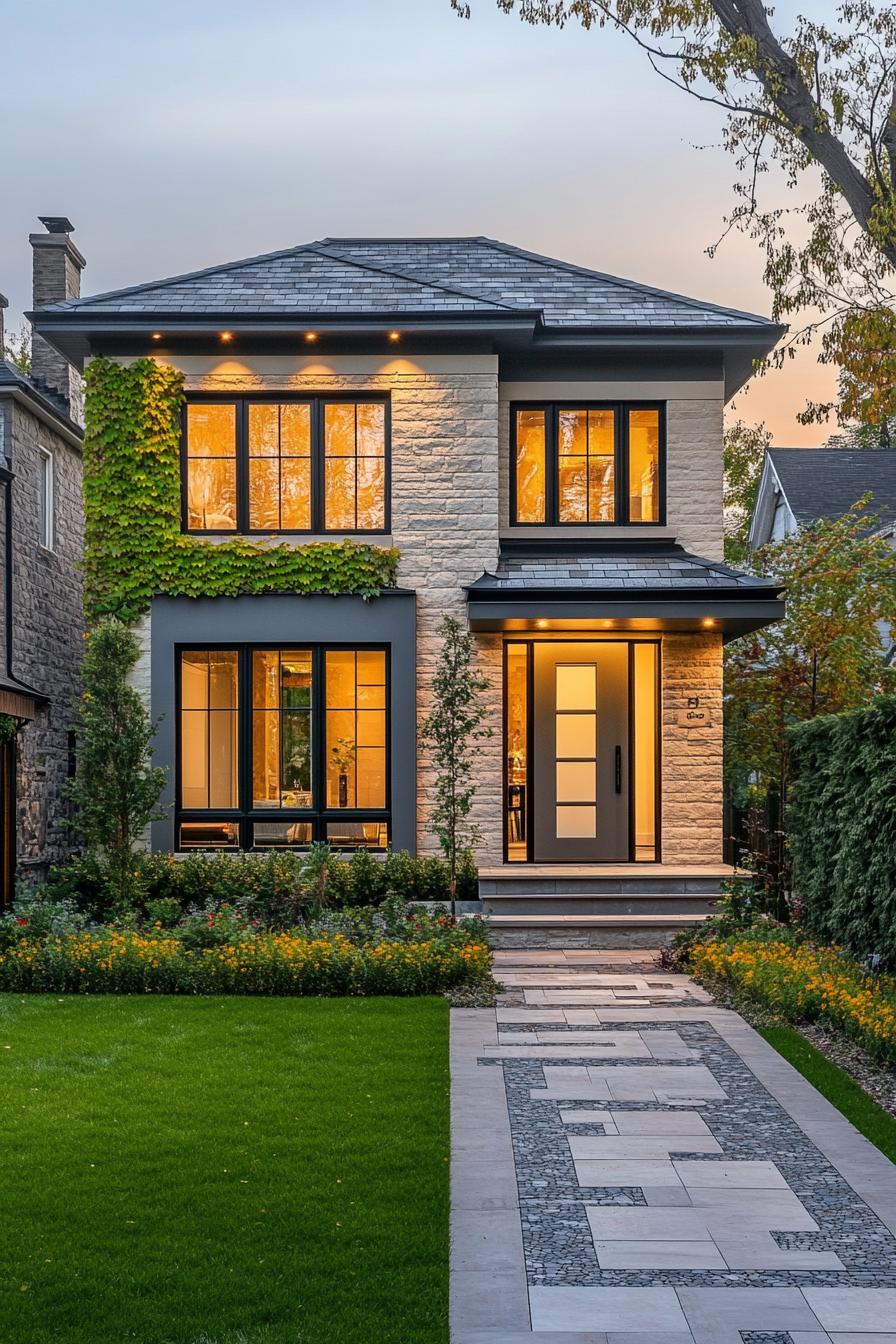 Modern stone house with evening glow