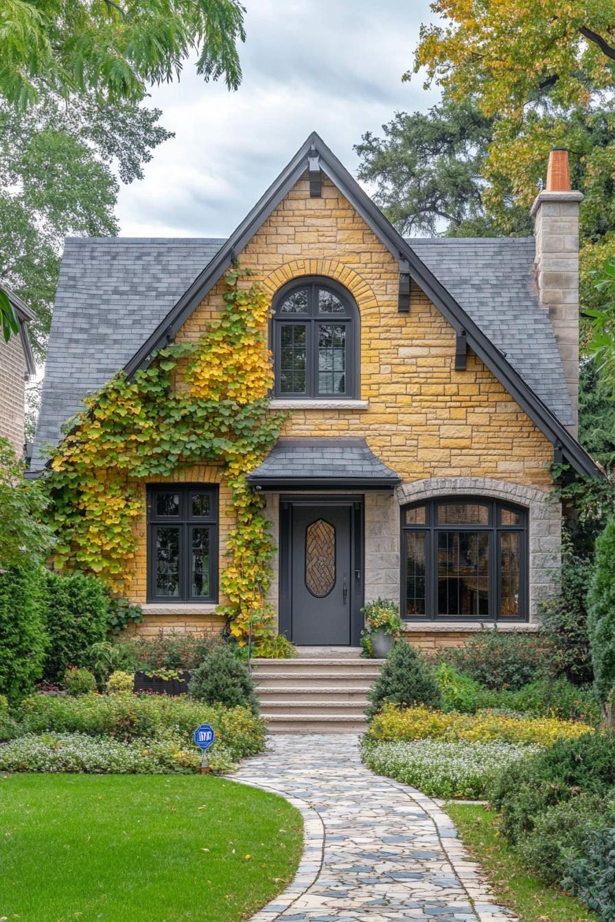 Cozy stone house with ivy and arched window