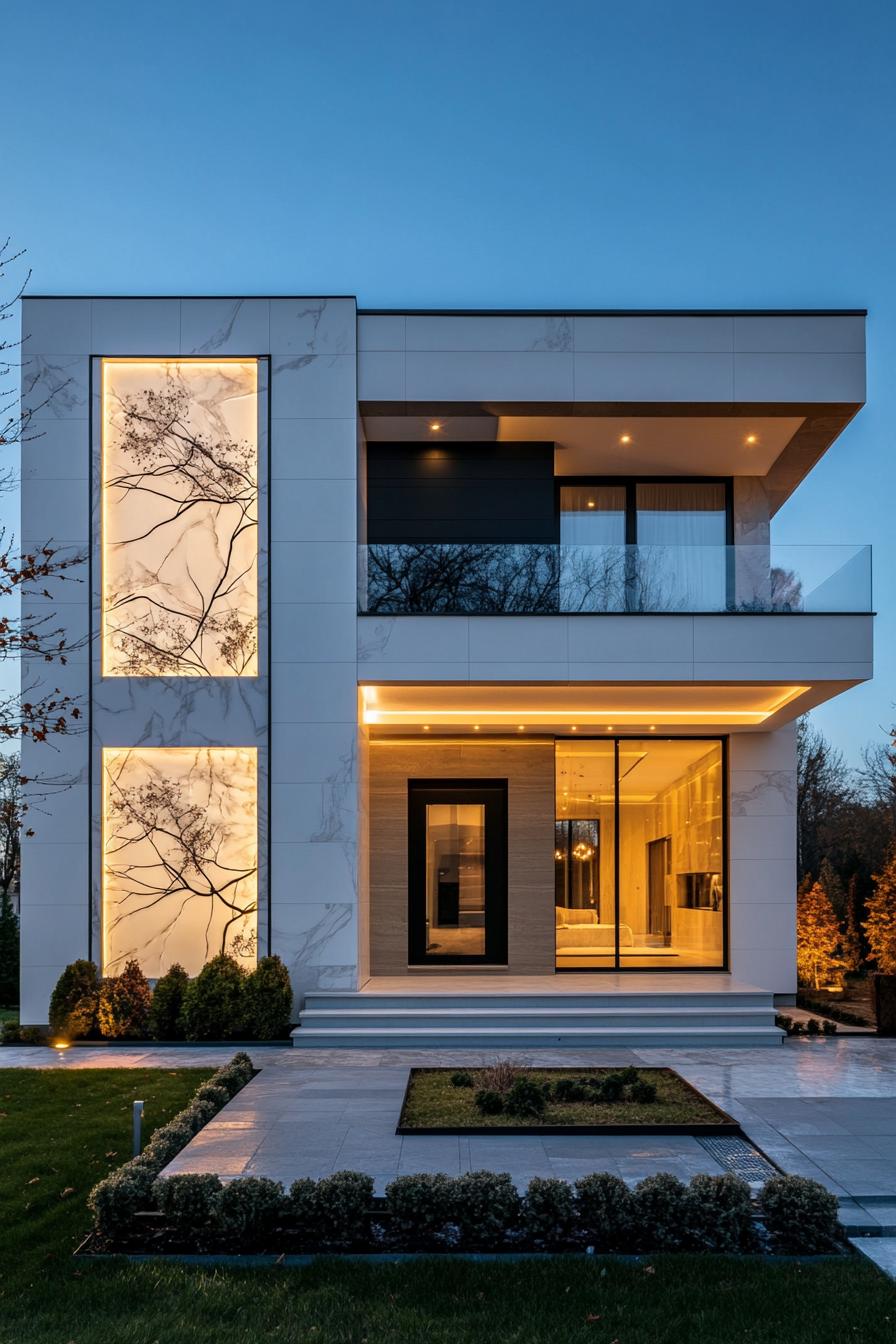 Sleek modern house with glowing facade and large glass windows