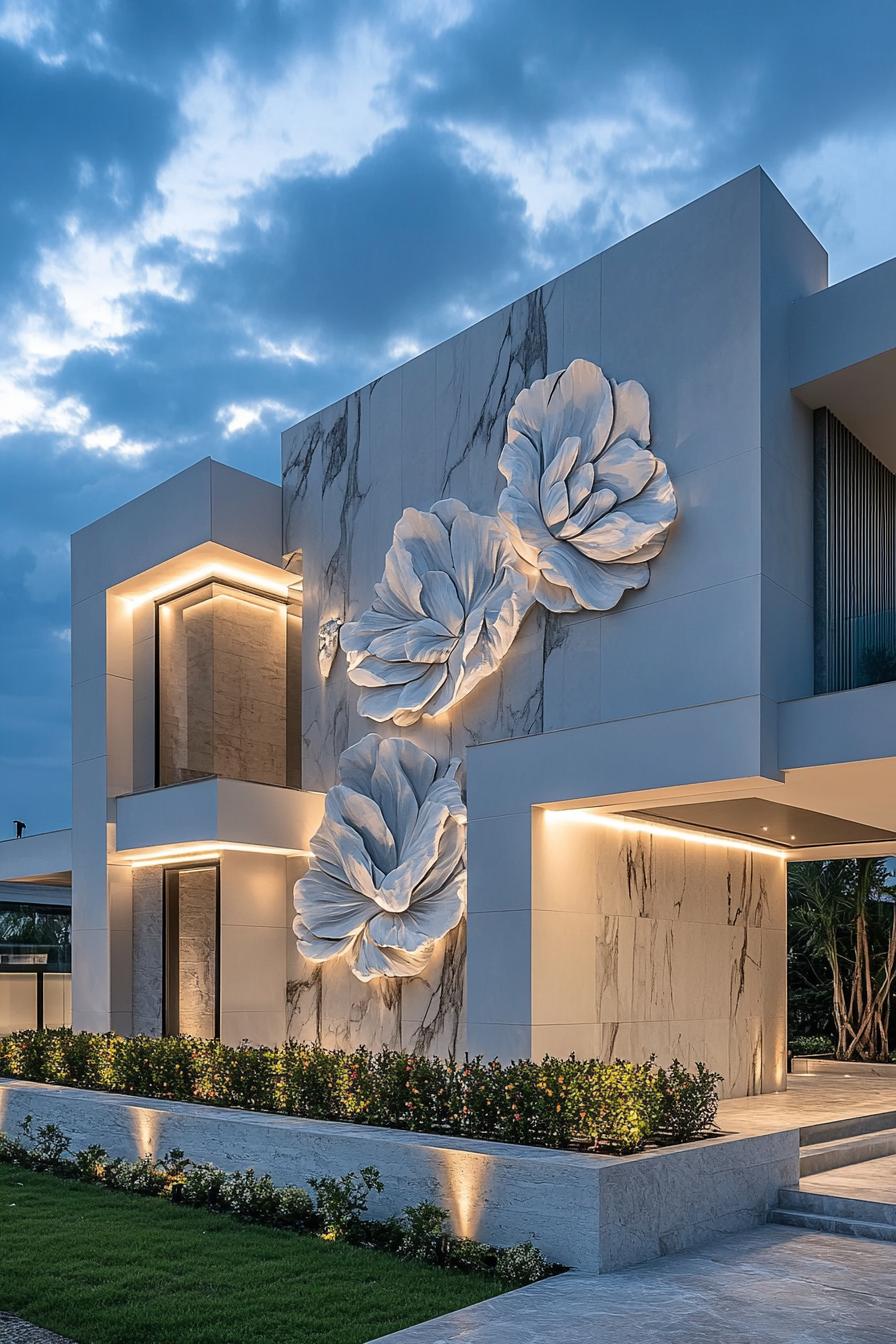 Modern house with large flower sculptures on the facade