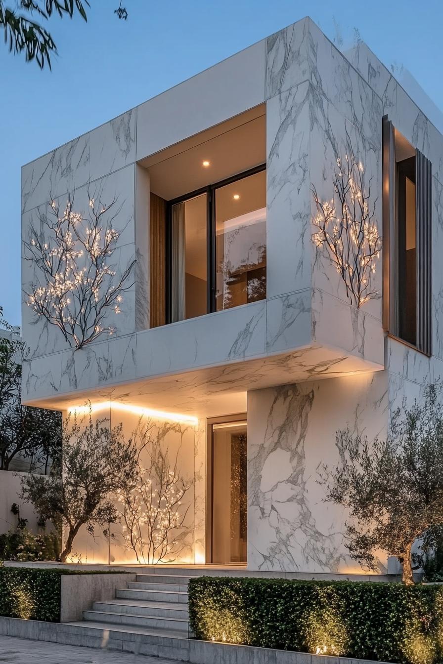 Dazzling modern house with marble facade and glowing branches