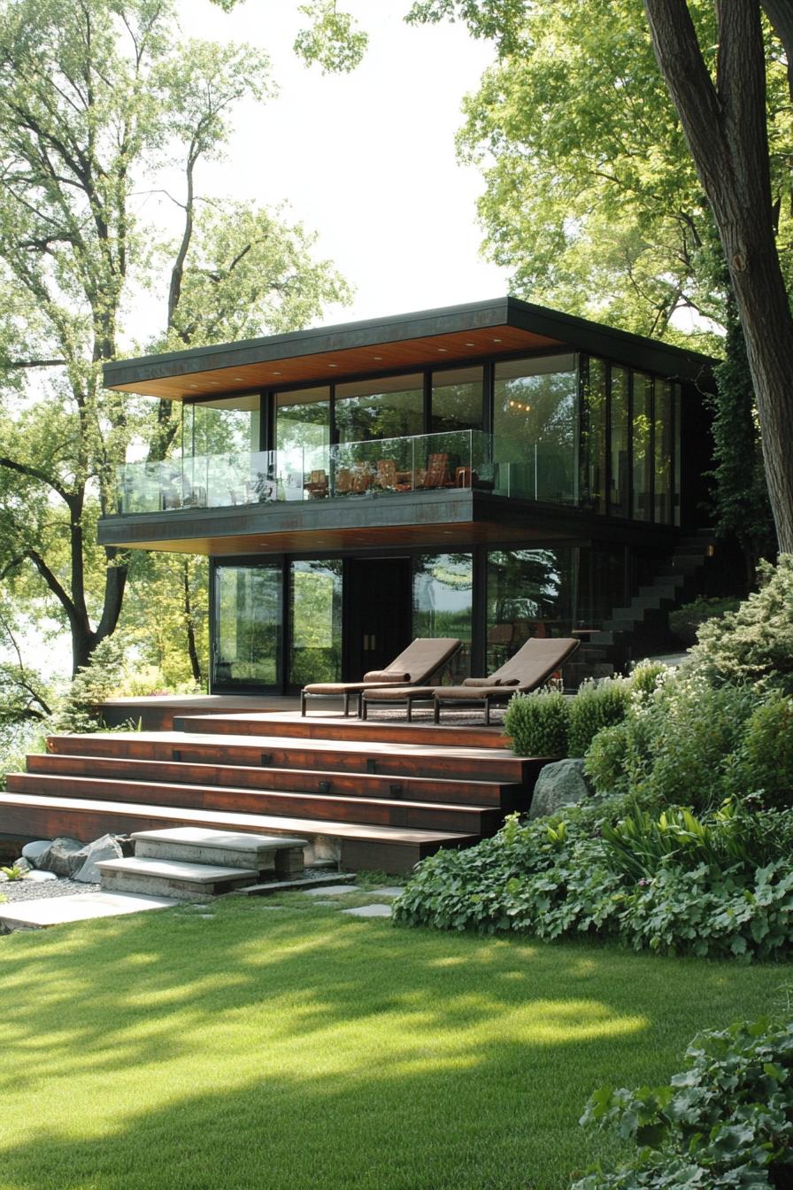 Stylish flat roof house with glass walls surrounded by lush greenery