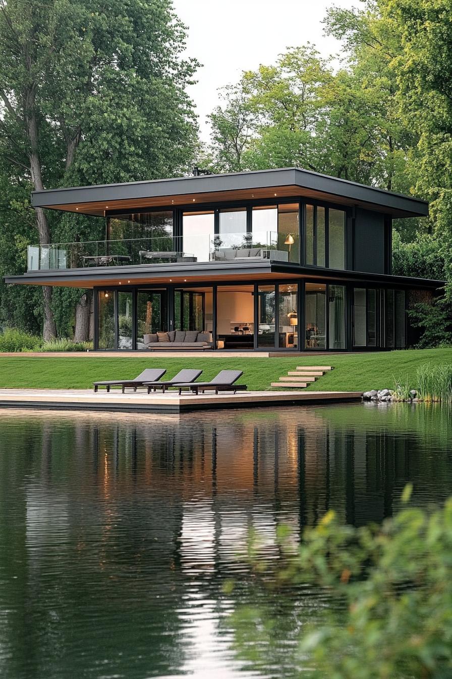 Modern flat roof house with large windows by a lake