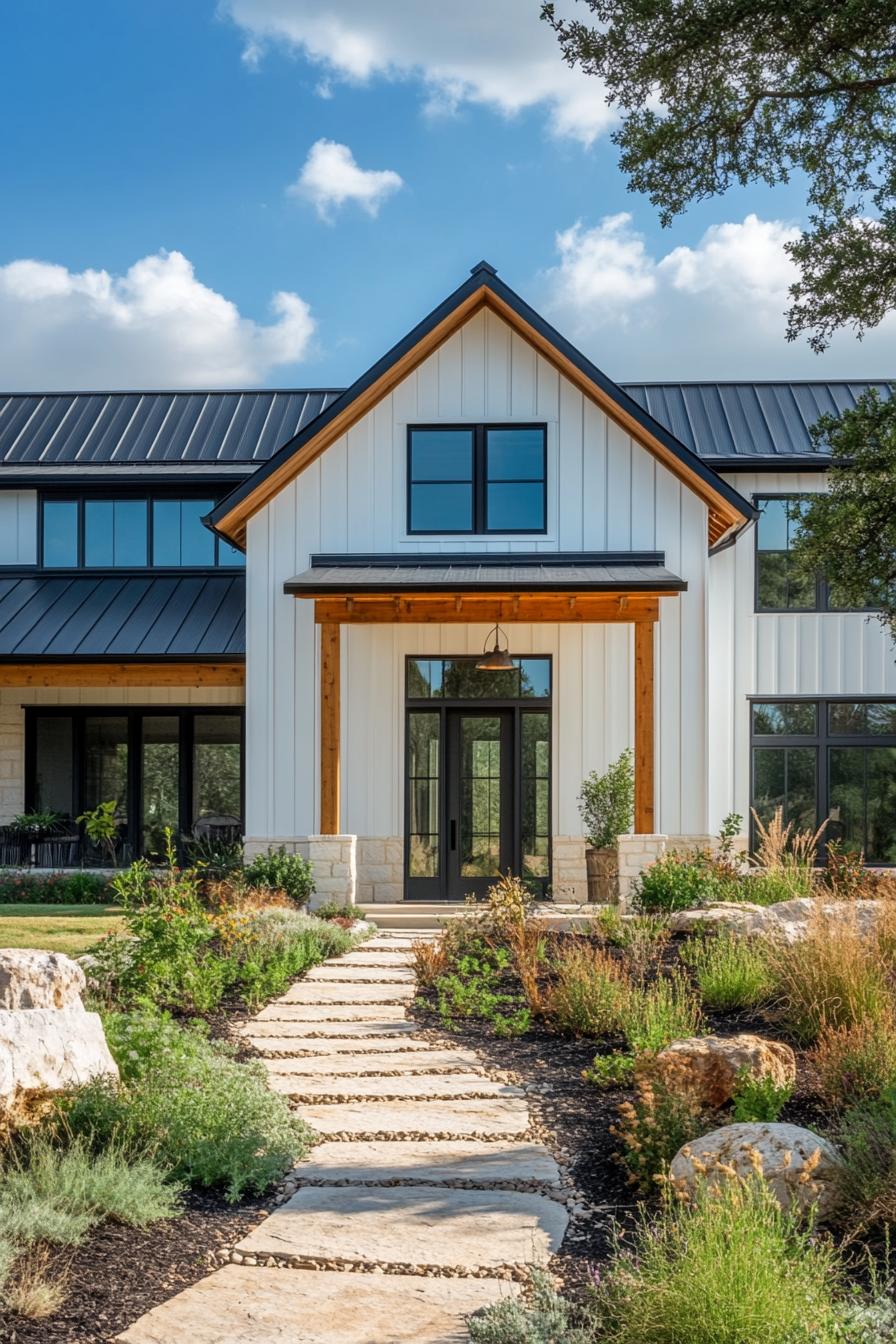 Modern farmhouse with sleek design and natural landscaping