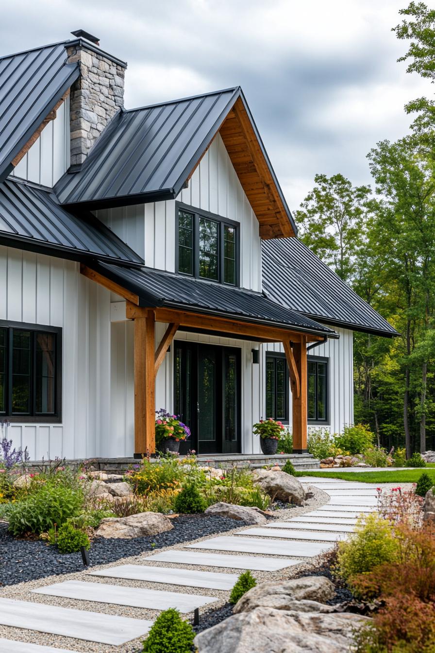 Contemporary farmhouse with metal roof and garden path