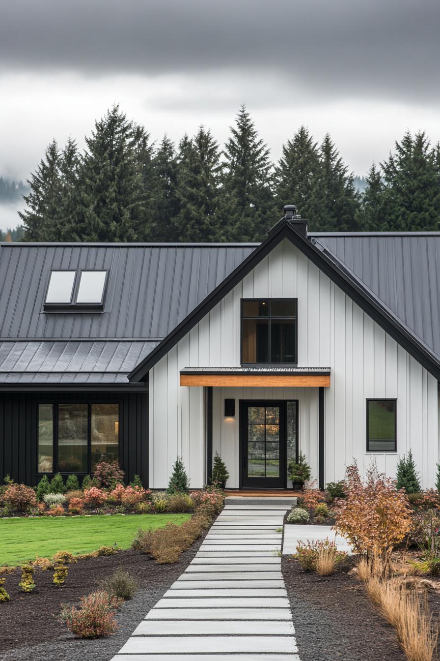 Modern white and black farmhouse with a sleek design