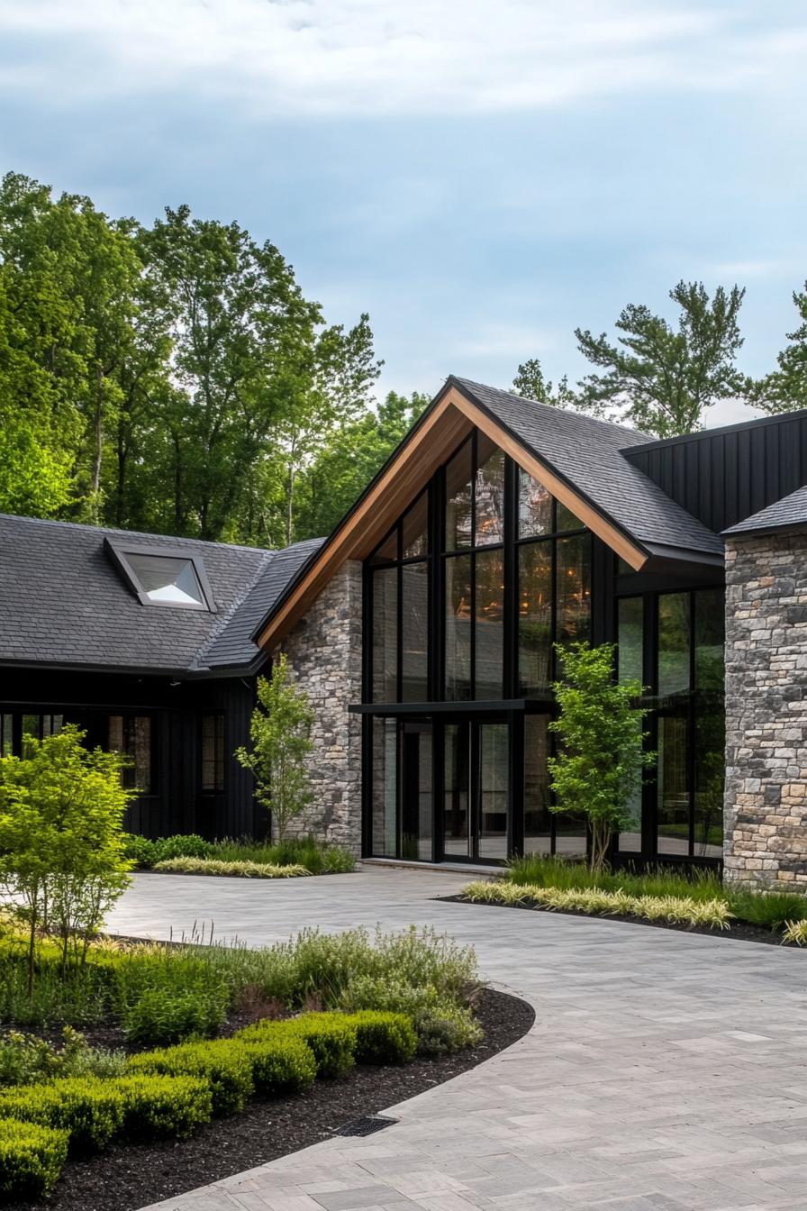 Modern stone barn with glass facade and lush landscaping