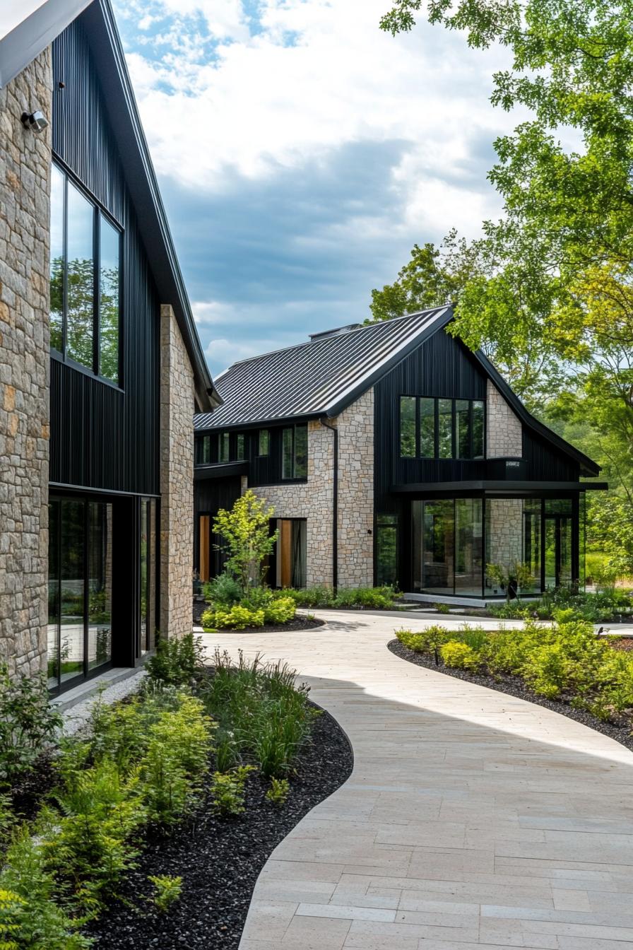 Modern stone barn with sleek black accents