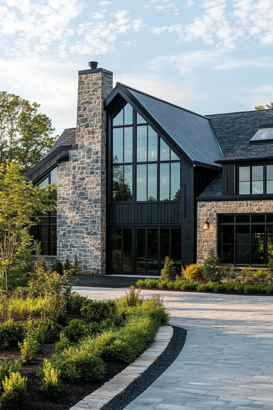 Modern stone barn with large windows and lush greenery