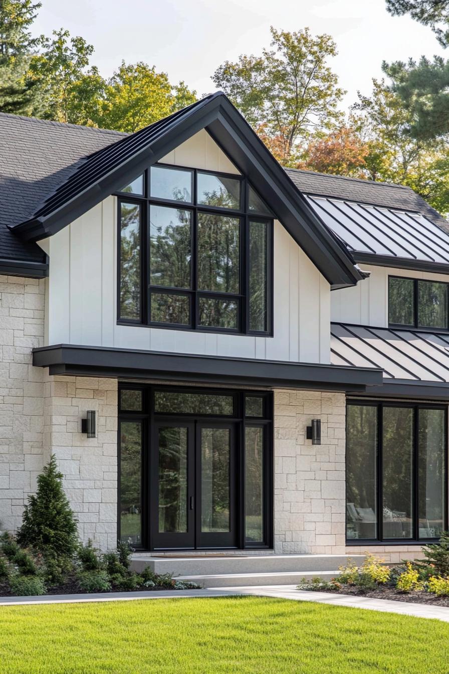 Modern house with black window frames and lush surroundings