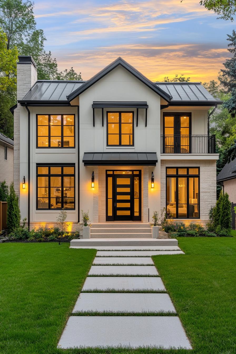 Modern transitional house at dusk surrounded by greenery