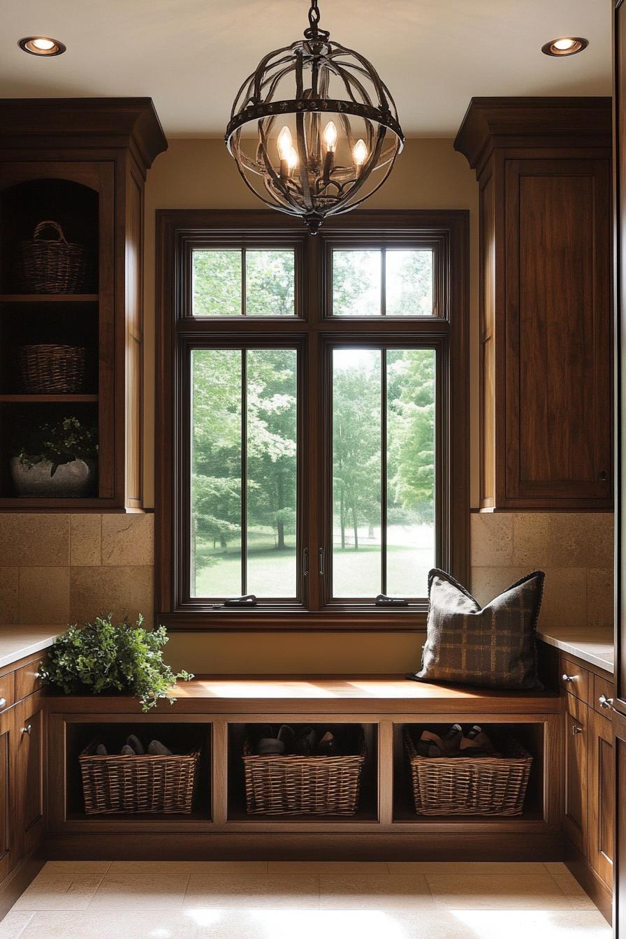 Cozy bench nook with window view and rustic lighting