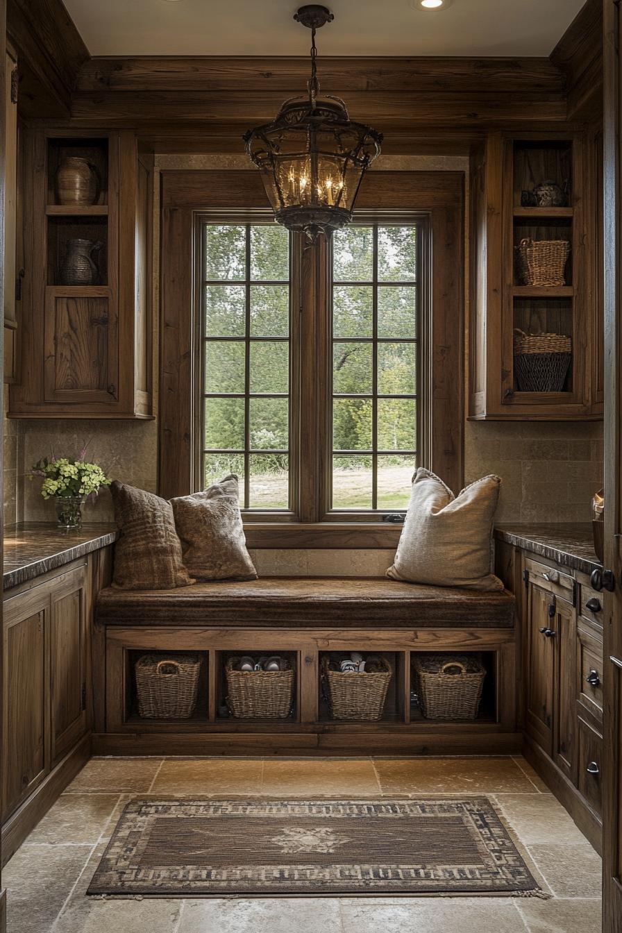 Cozy wooden mudroom with bench seating