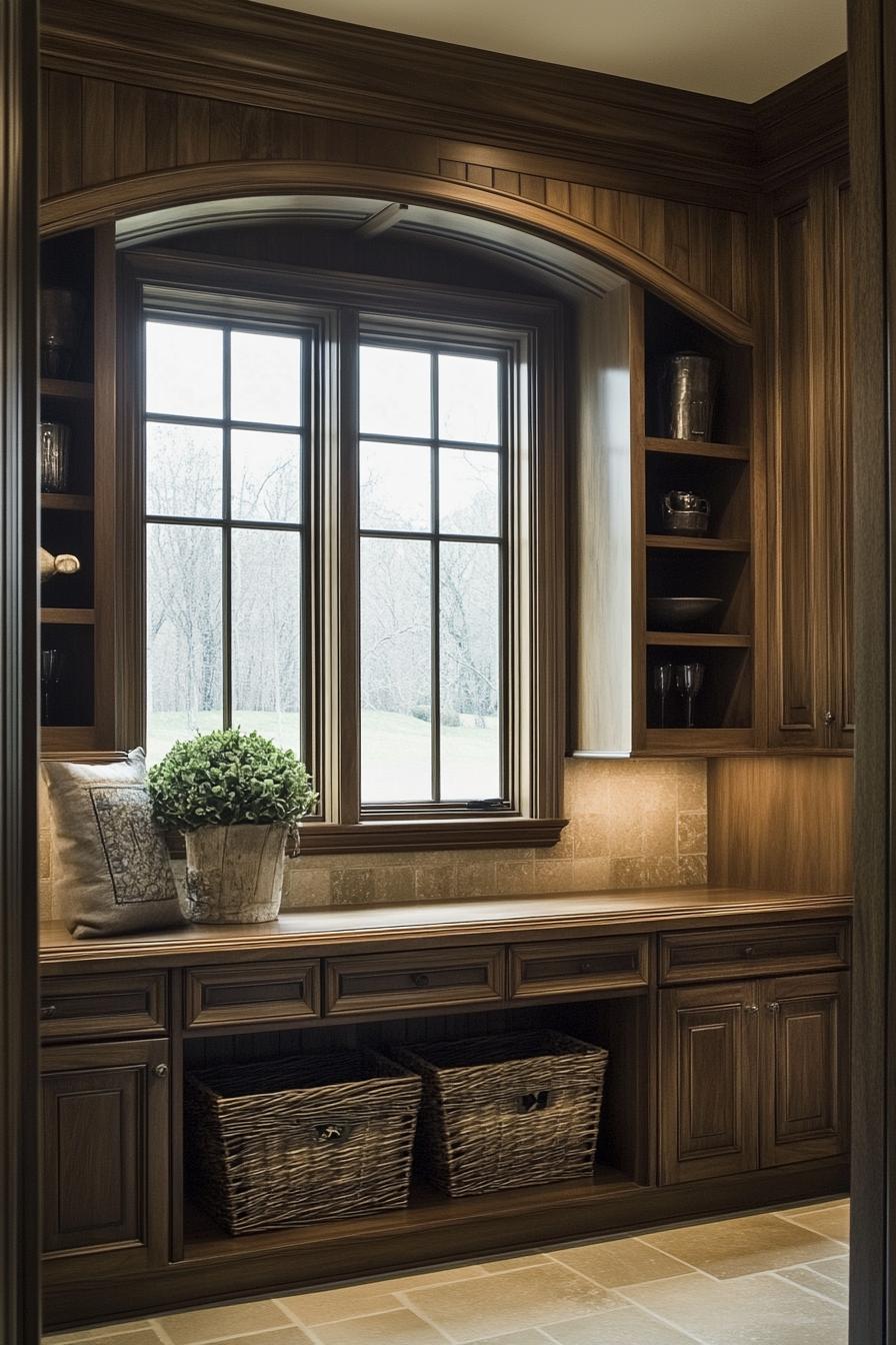 Mudroom with wooden cabinetry and a large window