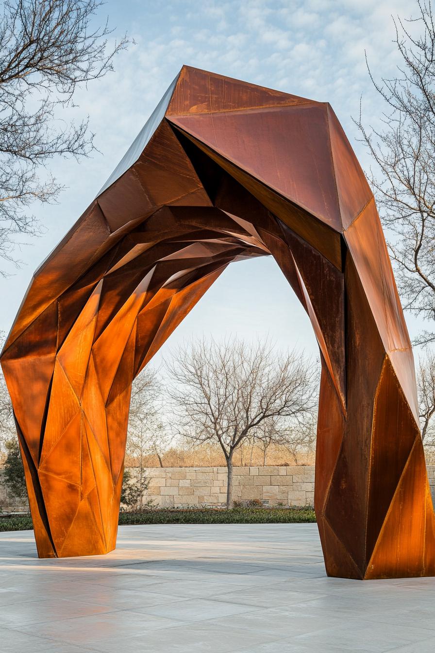 Rust-colored angular pavilion structure