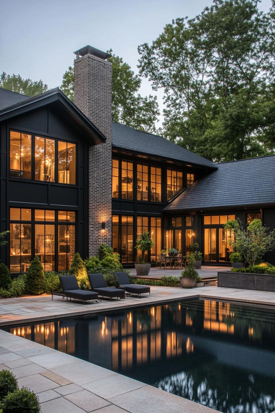 Modern black and brick house with pool and greenery