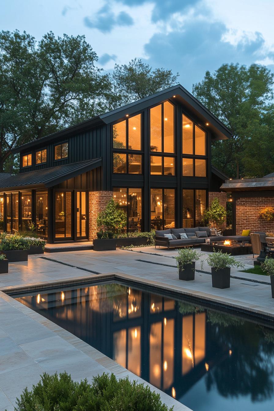 Contemporary home with large windows and a swimming pool