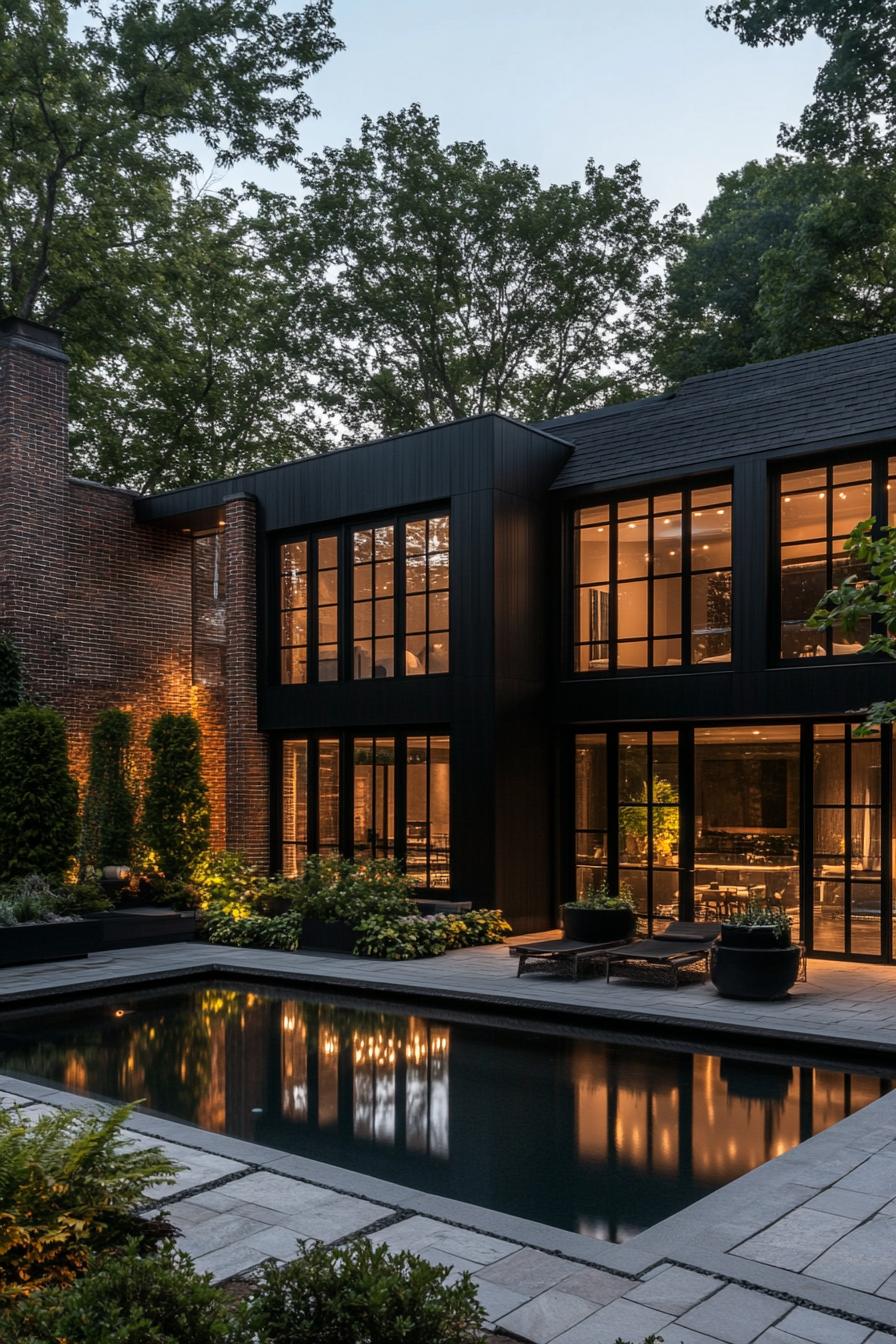 Contemporary house with large windows by a pool at dusk