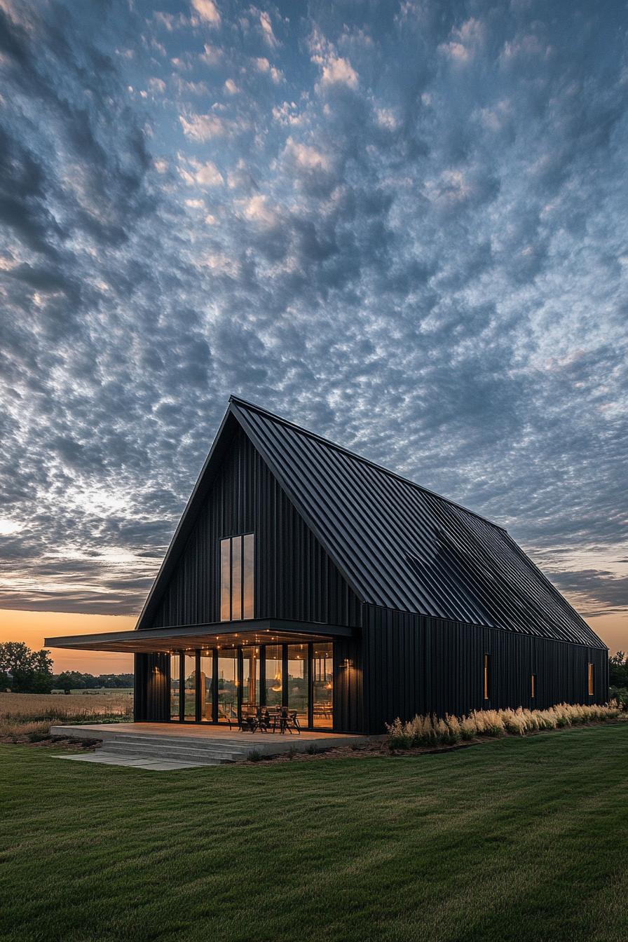 Modern barn-style home at sunset