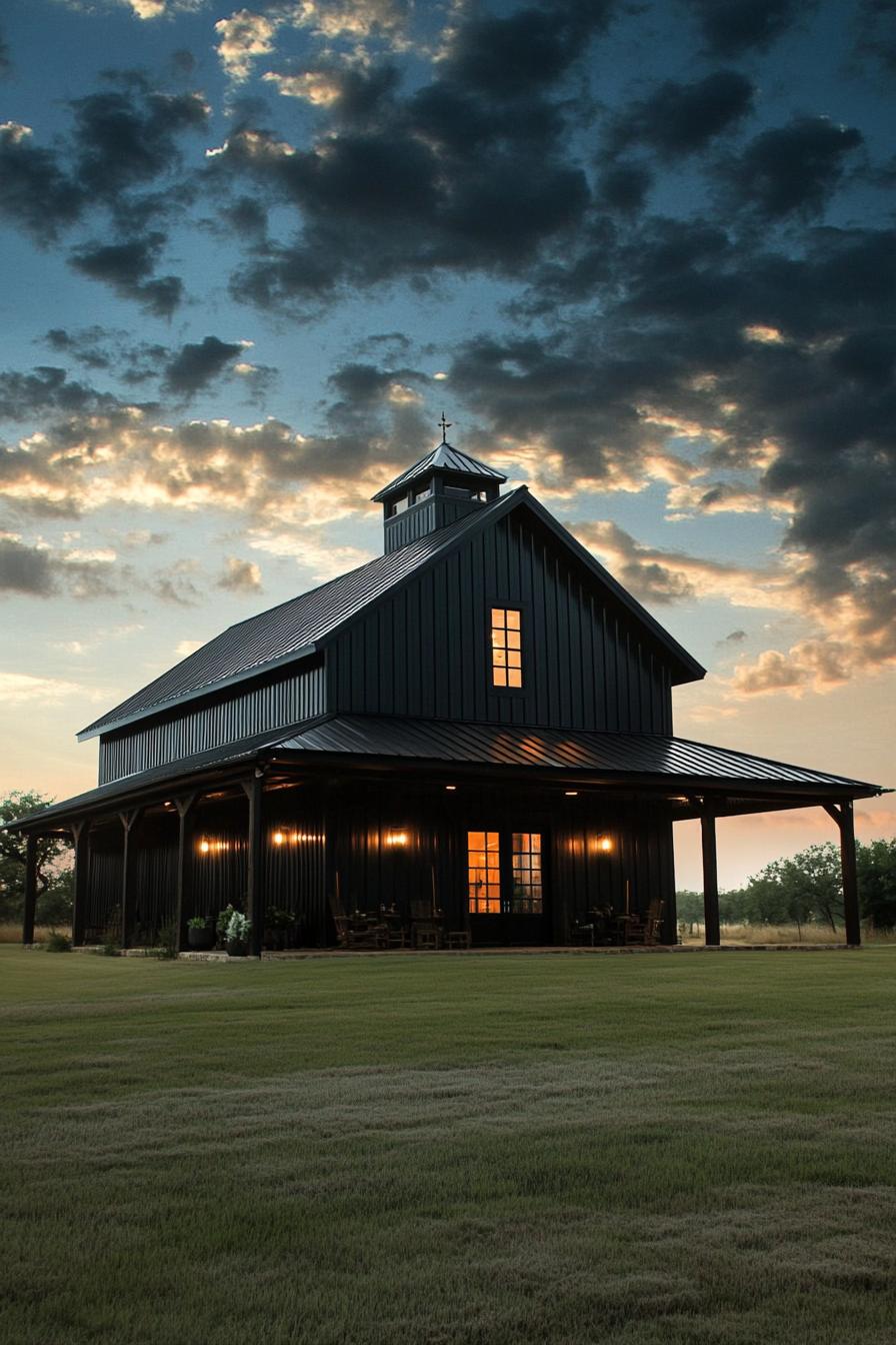 Barndominium with glowing windows under dramatic skies