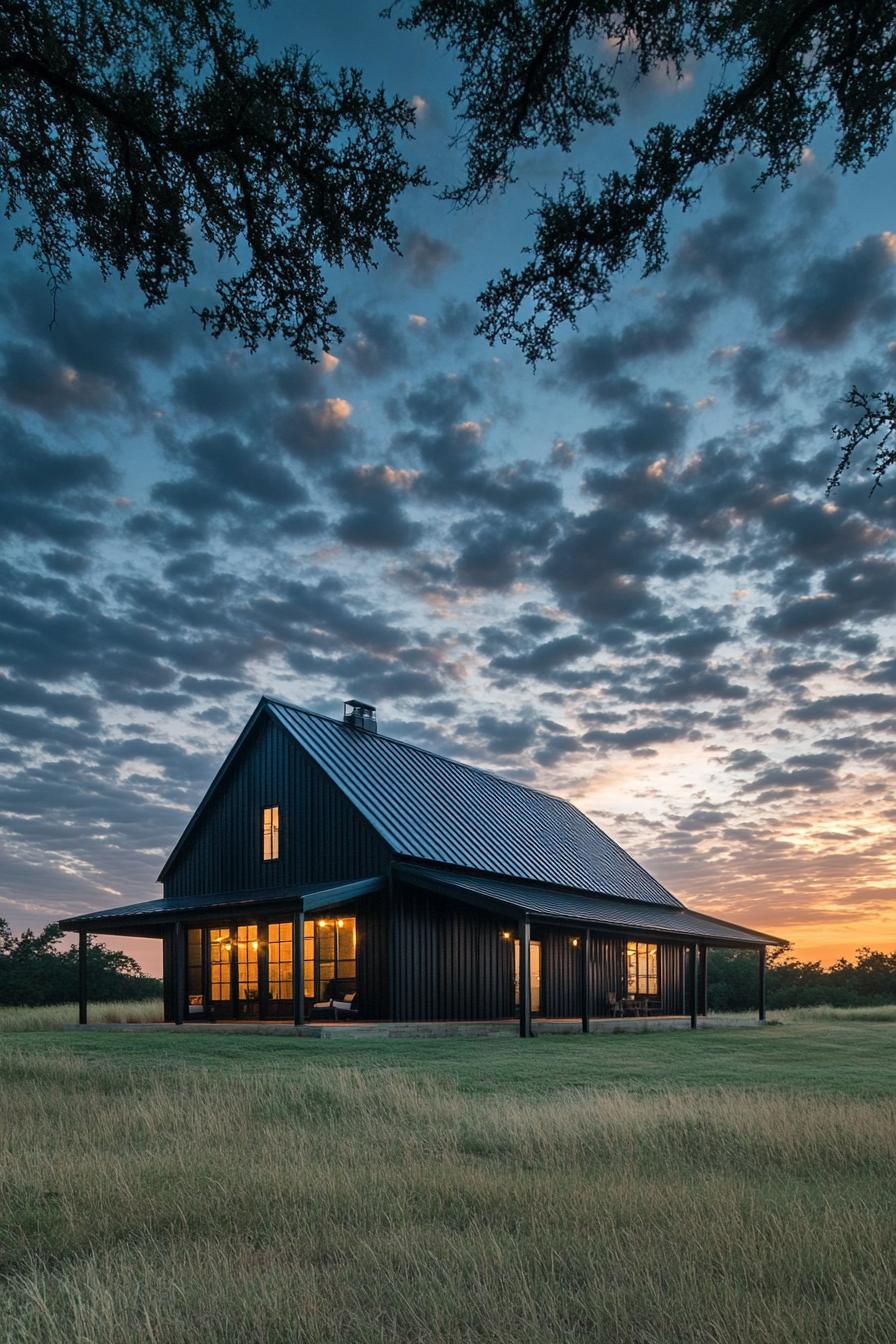 Barndominium glowing at twilight