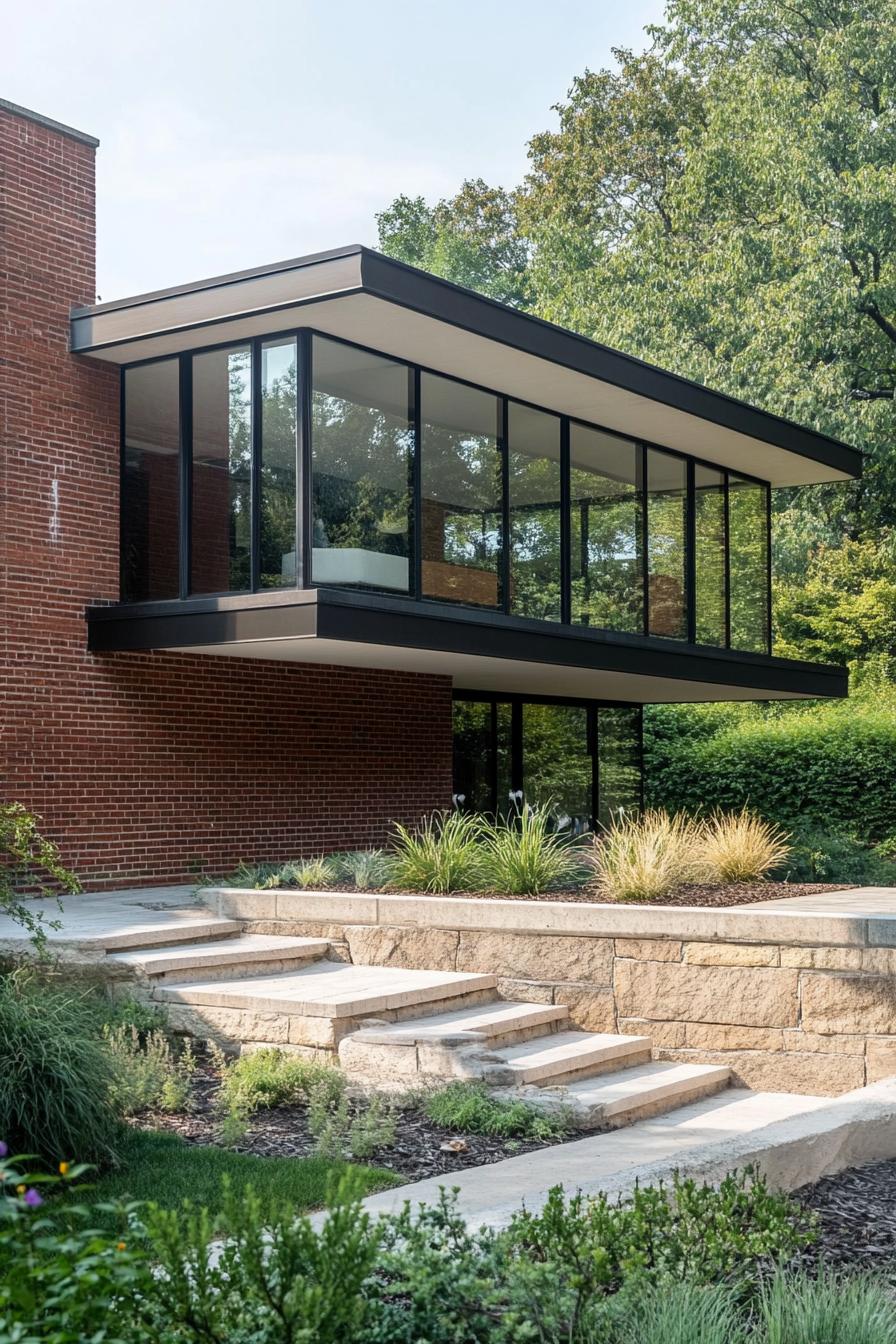 Contemporary split level house surrounded by greenery