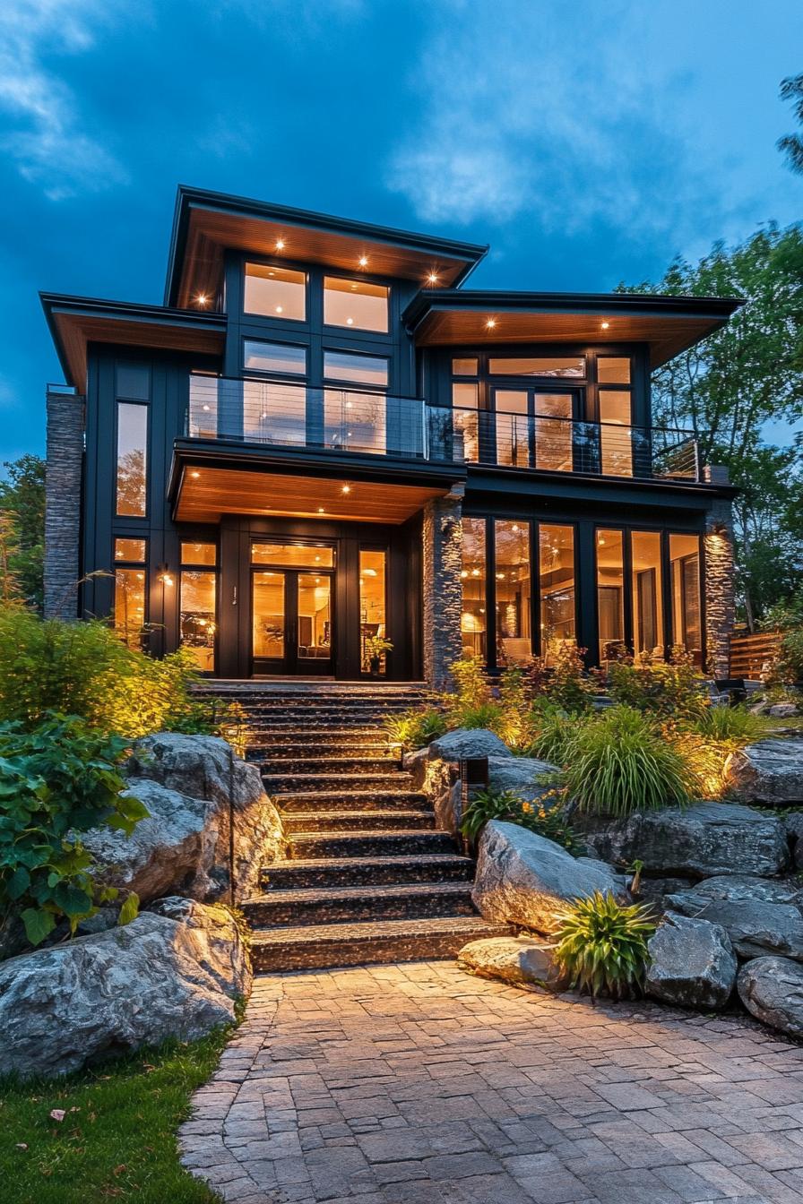 Modern villa with large windows and stone accents surrounded by lush greenery