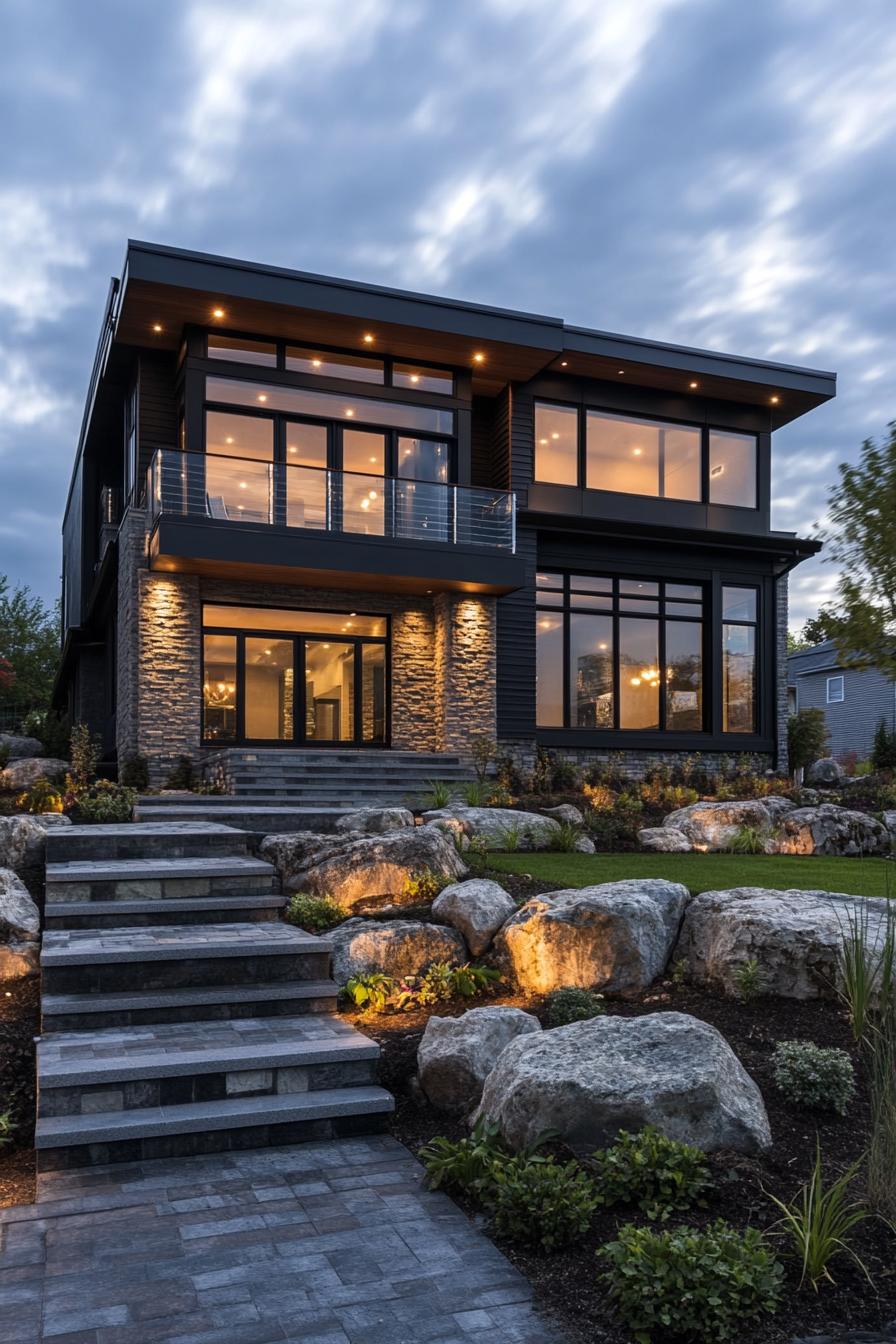 Two-story villa with large glass windows and stone facade