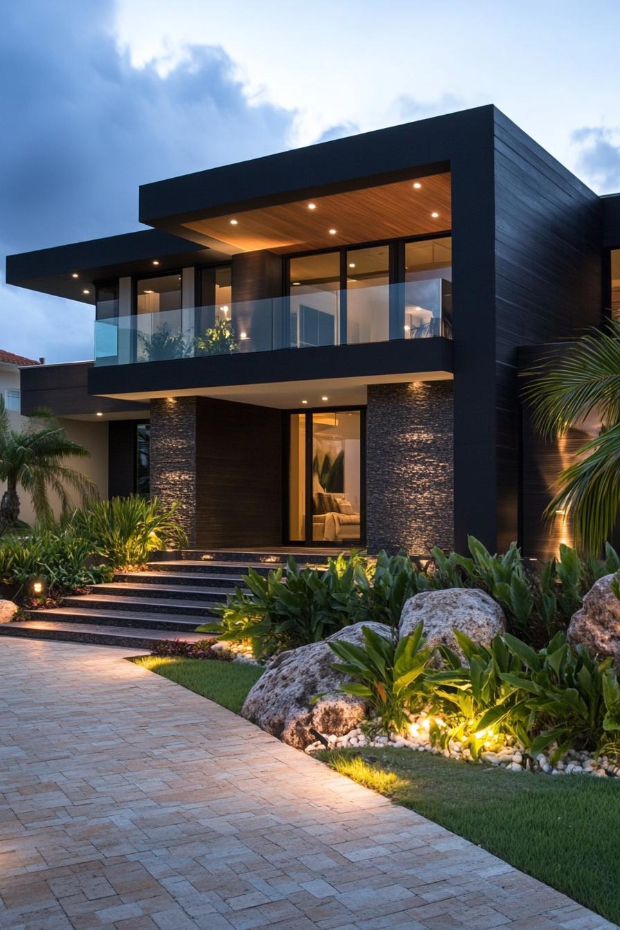 Modern villa with stone accents illuminated at dusk