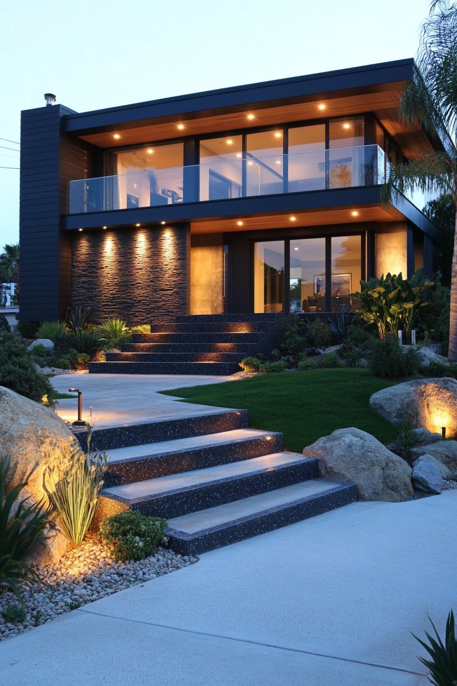 Modern villa with sleek design and illuminated pathway