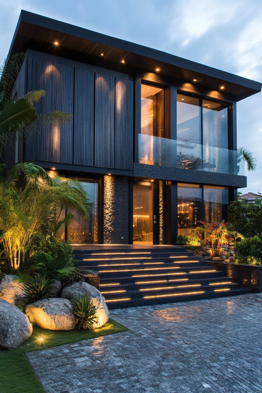 Modern villa with illuminated steps and lush garden