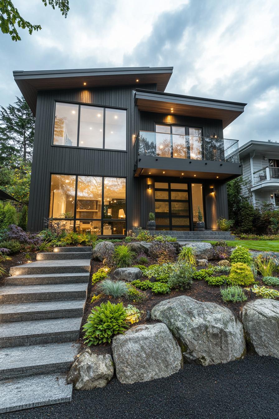 Modern villa with large windows and rock garden