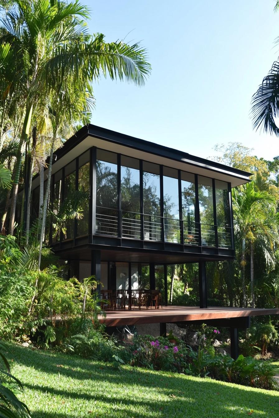 Modern glass house amidst lush tropical greenery