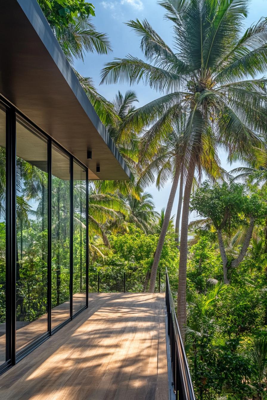 Wooden deck overlooking lush palm trees