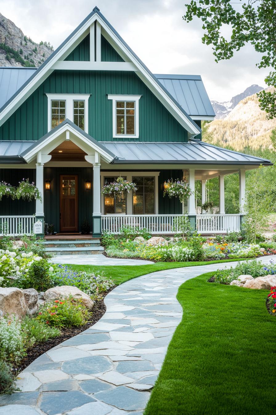 Charming green farmhouse amidst lush gardens in mountain setting