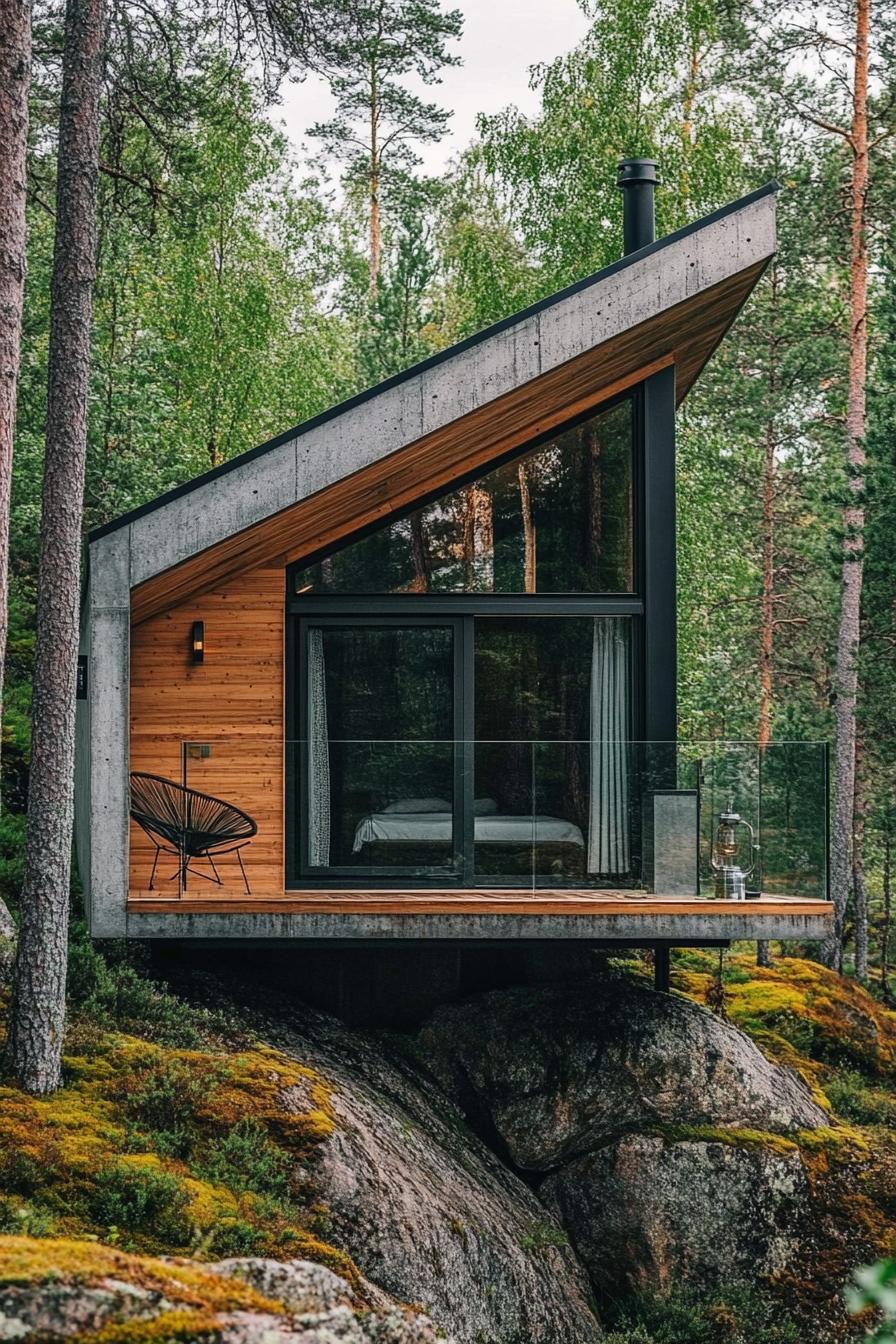 Wooden cabin with large windows on a rocky hillside