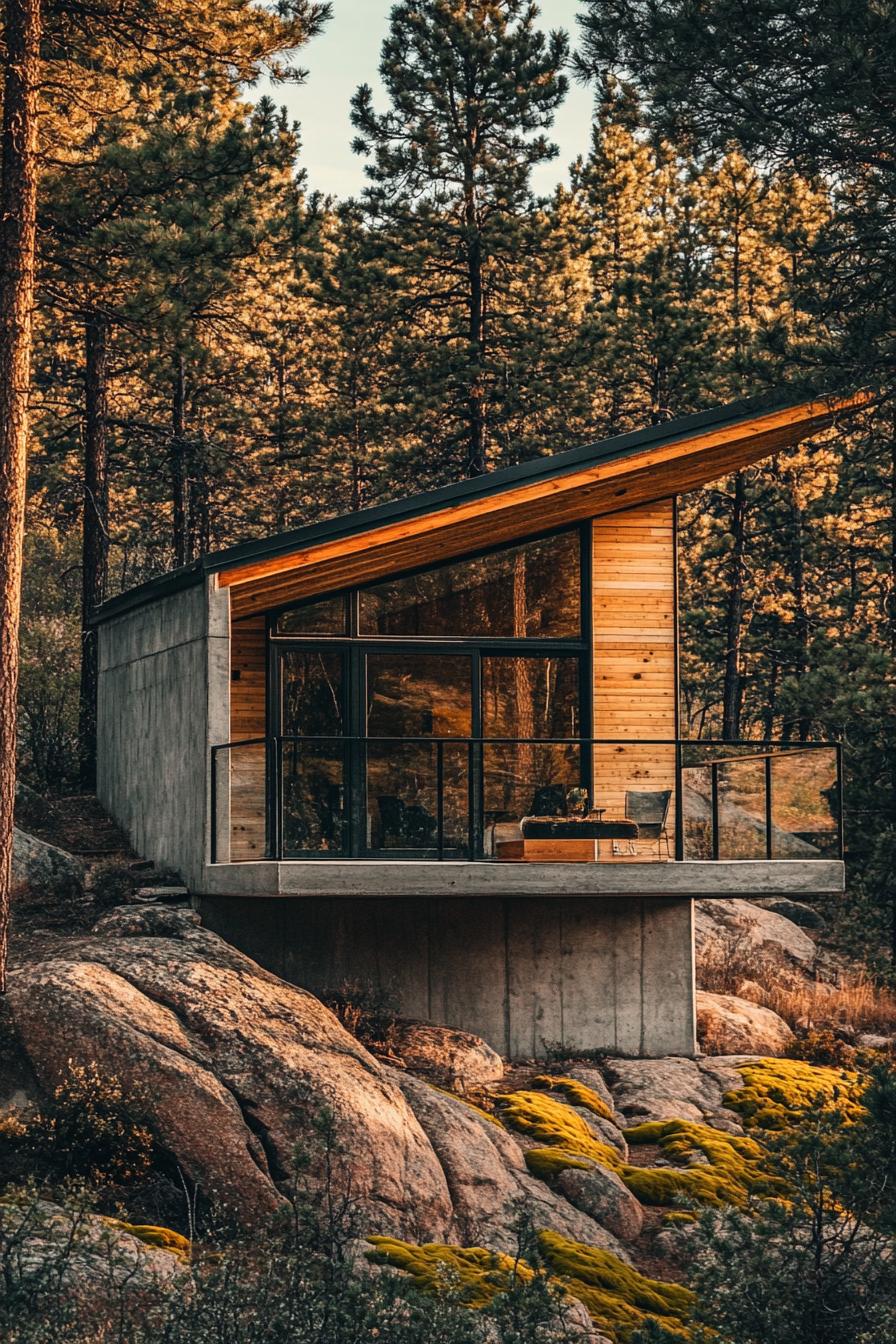 Modern cabin on a rocky, forested hillside